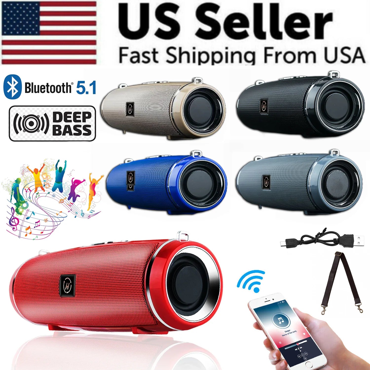 Bluetooth 5.1 Wireless Waterproof Outdoor Stereo Speaker with Enhanced Bass and USB/TF Connectivity